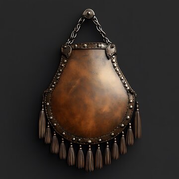 Ornate antique pouch with beaded fringe and chain hanging against a dark background