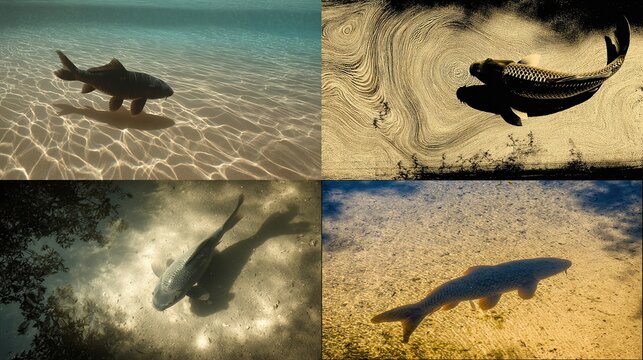 Four quadrants of fish, with various underwater perspectives and artistic renderings