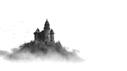 Abandoned Castle in the Fog background isolated on a Transparent background, PNG file.