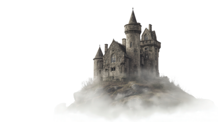 Abandoned Castle in the Fog background isolated on a Transparent background, PNG file.