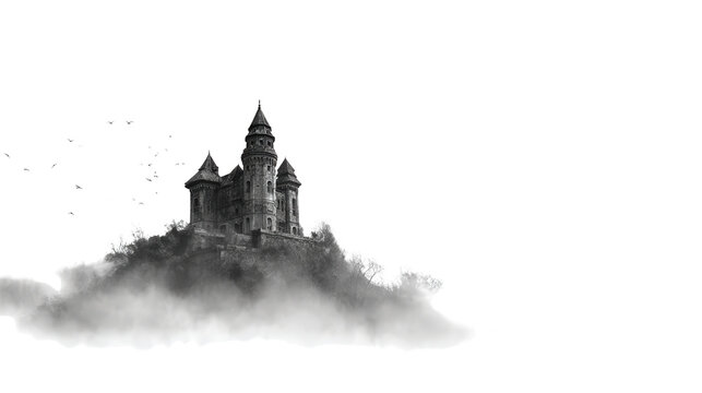 Abandoned Castle in the Fog background isolated on a Transparent background, PNG file.