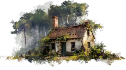 Abandoned Cottage in the Forest background isolated on a Transparent background, PNG file.