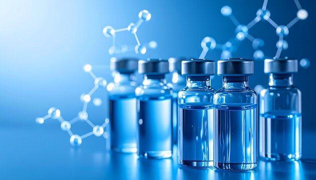 Glass vials of blue liquid, molecules in background