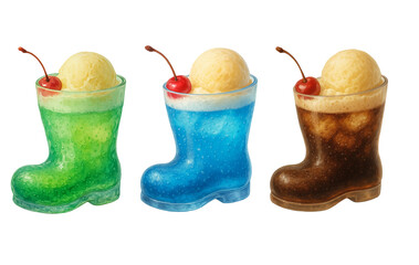 手書き風ブーツ型グラスのカラフルクリームソーダ3種セット（メロン・ブルーハワイ・コーラ）/Colorful Cream Soda Trio in Boot-Shaped Glasses (Melon, Blue Hawaii, Cola)