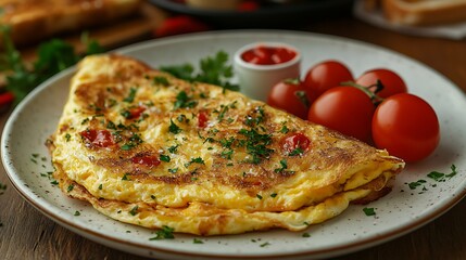 Delicious Golden Omelette with Tomatoes, Parsley, and Ketchup on a Plate, CloseUp View
