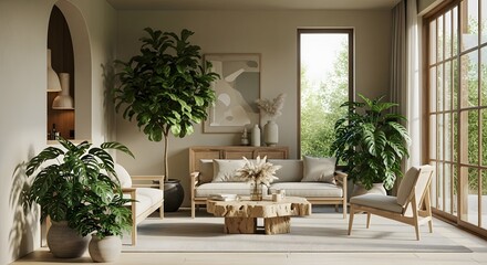 Bright and airy Japandi style living room interior with biophilic design, wooden furniture, and large windows