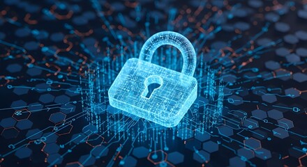 Cybersecurity concept with a glowing digital padlock icon on a futuristic circuit board, symbolizing data protection and network safety.