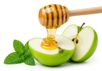 Dripping Honey onto Sliced Green Apple with Mint Leaves image