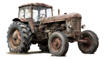 Abandoned Farm Tractor in Field background isolated on a Transparent background, PNG file.