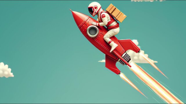 An astronaut riding a red rocket, launching into a clear sky, with space-themed elements in the background.