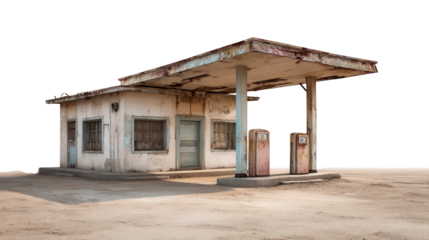 Abandoned Gas Station in Desert background isolated on a Transparent background, PNG file.