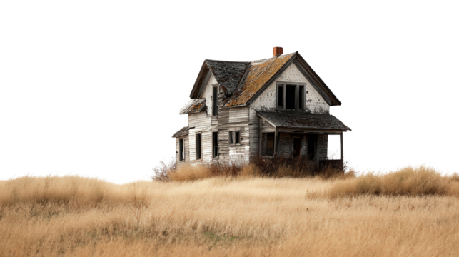 Abandoned Farmhouse in the Valley background isolated on a Transparent background, PNG file.