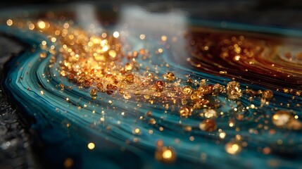 Abstract Gold Glitter and Blue Marbled Liquid Art with Sparkling Effect