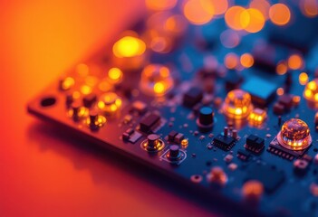 Close-up of an illuminated circuit board.