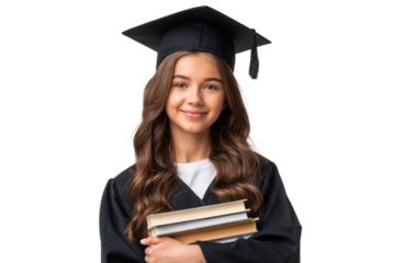Smiling young female graduate in cap and gown holding books. Represents education, achievement, and academic success. Isolated on transparent background