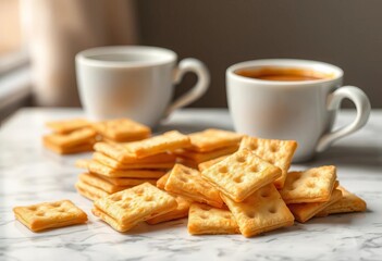 Crispy square crackers arranged on a marble tabletop, coffee cup blurred in background,   flat lay,  crunchy