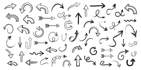 Set of hand drawn doodle style arrow vector illustration including charcoal pencil arrows , sketch and  brush ink style