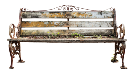 Abandoned Park Bench in Forest background isolated on a Transparent background, PNG file.