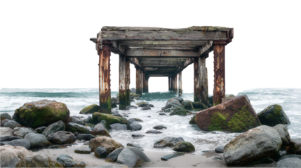 Abandoned Pier on Ocean Shore background isolated on a Transparent background, PNG file.