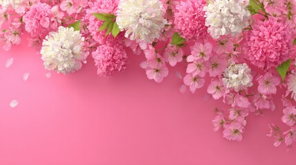 Fototapeta premium Pink and white flowers arranged on a pink background.