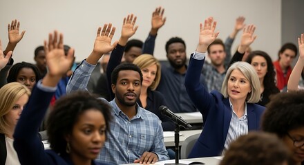 A diverse group of engaged professionals and students raising hands to participate in a lecture or seminar