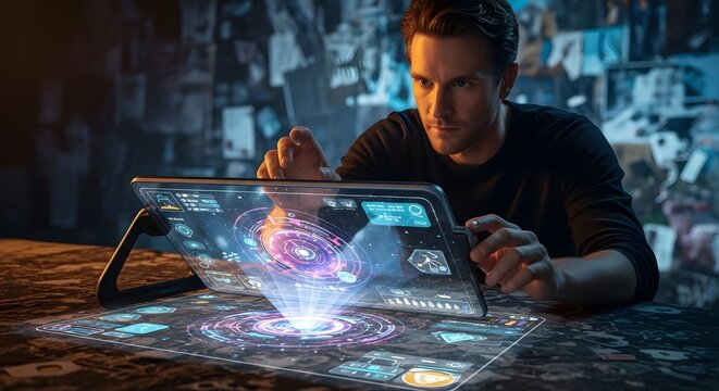 Handsome young man working on tablet computer with futuristic HUD interface