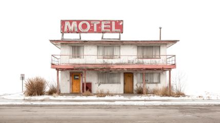 Abandoned Roadside Motel background isolated on a Transparent background, PNG file.
