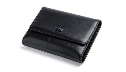 Sleek black leather wallet isolated on white background with accessory for money and cards.