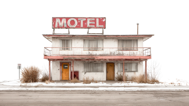 Abandoned Roadside Motel background isolated on a Transparent background, PNG file.