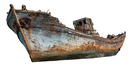 Abandoned Shipwreck in Ocean background isolated on a Transparent background, PNG file.