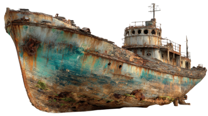 Abandoned Shipwreck in Ocean background isolated on a Transparent background, PNG file.