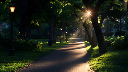 Sunlit park path with glowing lamps and trees casting long shadows