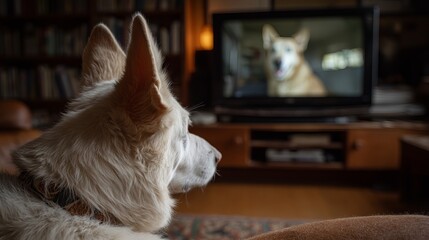 White dog watches television, captivated by another dog on screen in cozy living room.