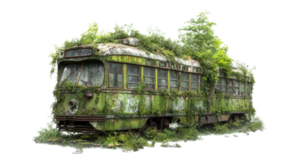 Abandoned Train Car in Forest background isolated on a Transparent background, PNG file.