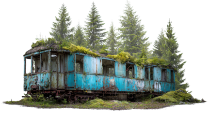 Abandoned Train Car in Forest background isolated on a Transparent background, PNG file.