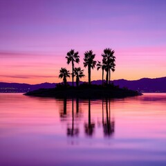 Silhouettes of palm trees on a small island at sunset.