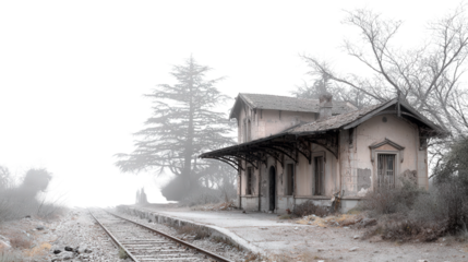 Abandoned Train Station in the Woods background isolated on a Transparent background, PNG file.