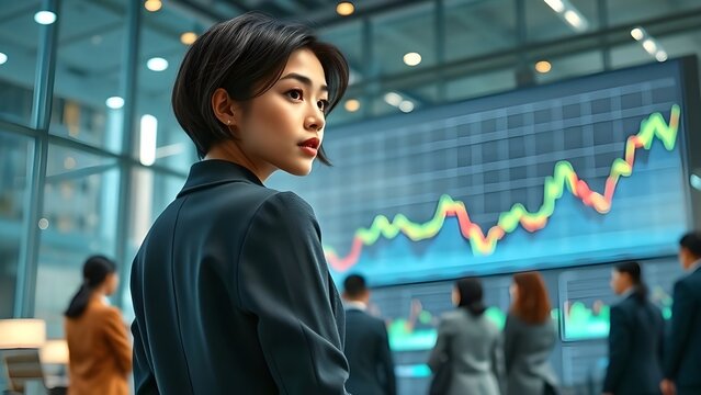 Beautiful Asian Businesswoman Watching Rising Stock Chart in Modern Office