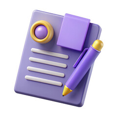 3d illustration of a purple notepad with pen and paper clip isolated on transparent background