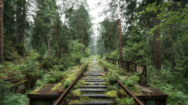 Abandoned Train Tracks in Forest background isolated on a Transparent background, PNG file.