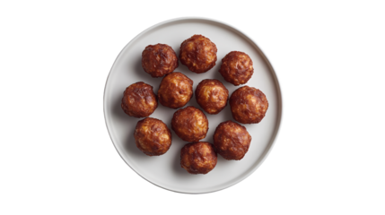 A top view of a white plate filled with golden brown fried dough balls isolated on white background