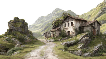 Abandoned Village in the Valley background isolated on a Transparent background, PNG file.
