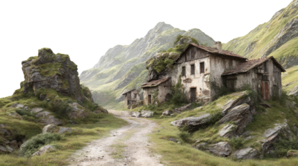 Abandoned Village in the Valley background isolated on a Transparent background, PNG file.