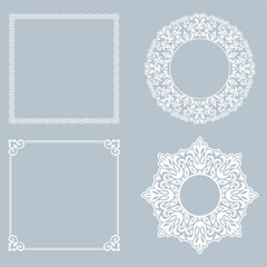 Set of decorative frames Elegant vector element for design in Eastern style, place for text. Floral gray and white borders. Lace illustration for invitations and greeting cards
