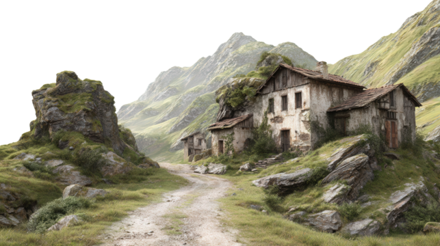 Abandoned Village in the Valley background isolated on a Transparent background, PNG file. - Powered by Adobe