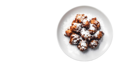 A top view of a white plate filled with golden brown fried dough balls isolated on white background