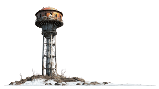 Abandoned Water Tower background isolated on a Transparent background, PNG file.