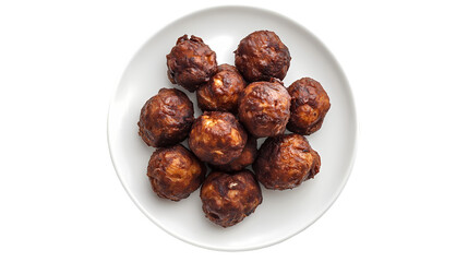 Obraz premium A top view of a white plate filled with golden brown fried dough balls isolated on white background