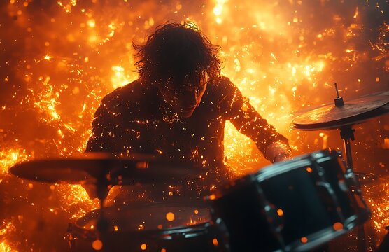 Fiery drummer mockup with explosive dynamic background

