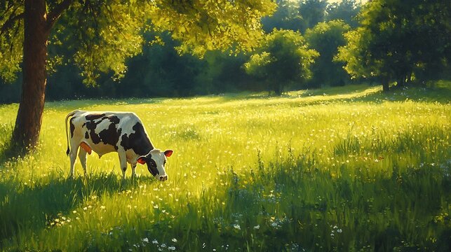 Black and white cow grazing peacefully in a sunlit green meadow - Powered by Adobe